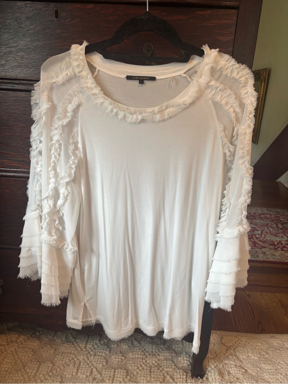 Kobi Halperin White Fringed Long-Sleeve Scoop Neck Top